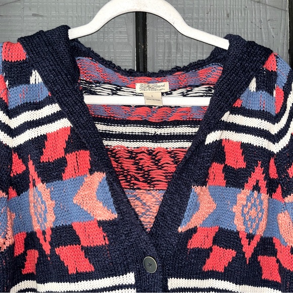 Lucky Brand cardigan sweater with hood, southwestern designs, navy and coral - Picture 3 of 11